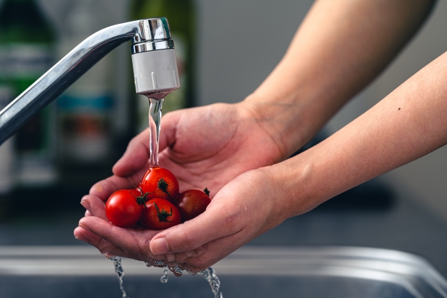 水道でトマトを洗う手