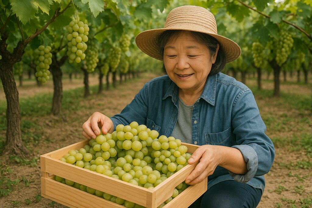 ぶどう畑で新鮮なぶどうを木箱につめる農家