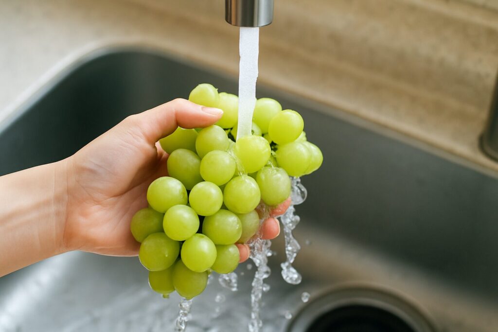 水道でぶどうを洗う様子