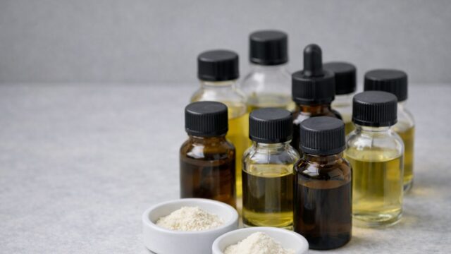 香料や乳化剤など食品添加物をイメージした試薬瓶と粉末