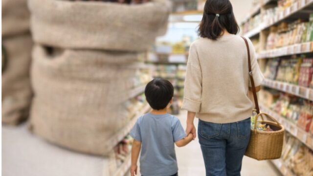 安全なチョコレートを求めスーパーで買い物する親子