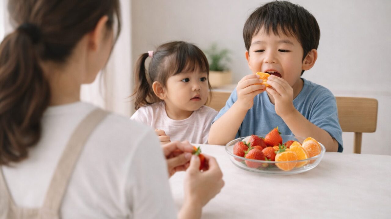 子どもに安心な果物を食べさせる家庭の様子｜みかんといちごを食べる兄妹