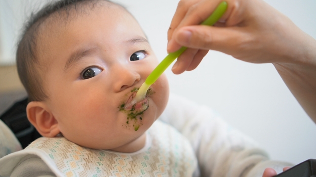 スプーンでほうれん草を食べさせれもらう赤ちゃん