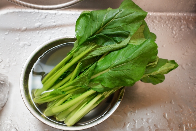 ボウルの水につけた小松菜