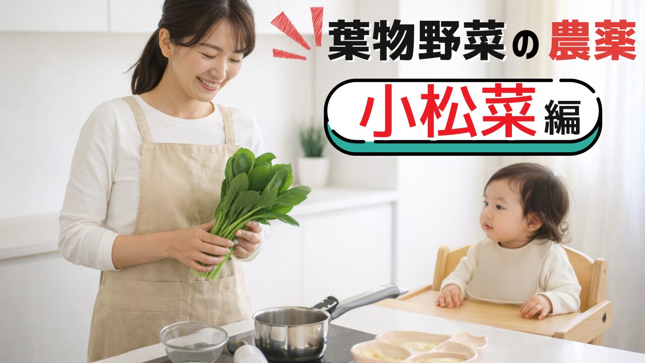 小松菜を使って離乳食を作る母親と赤ちゃんの様子｜子どもに安全かを考えるイメージ