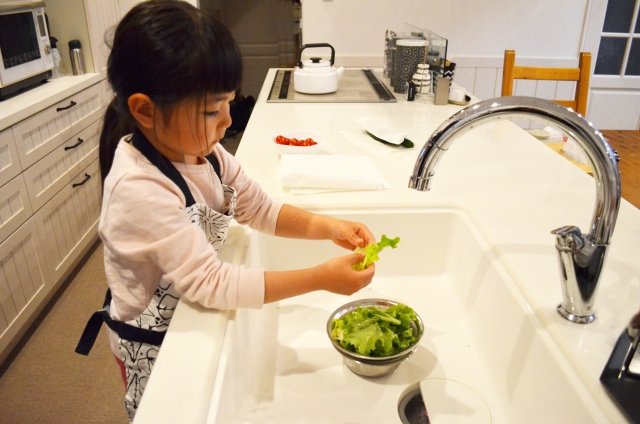 お手伝いでレタスを洗う子ども