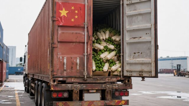トラックで運ばれる大根とピーマン｜中国産野菜のイメージ