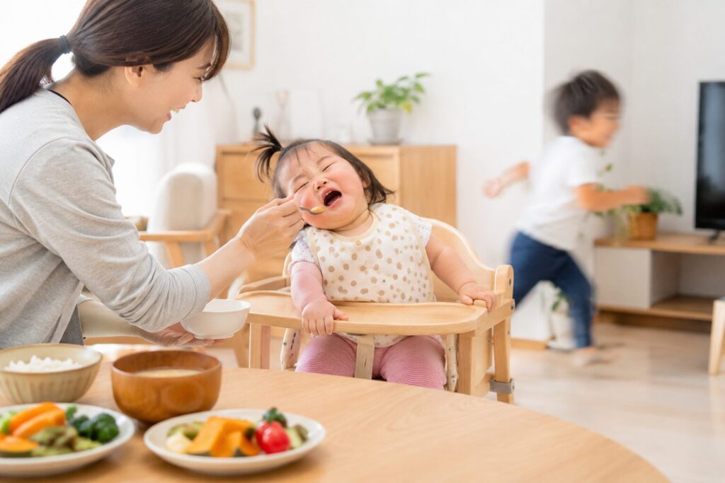 好き嫌いがある赤ちゃんに食べさせる親とご飯を食べずに遊ぶ子ども |平日の食事の風景