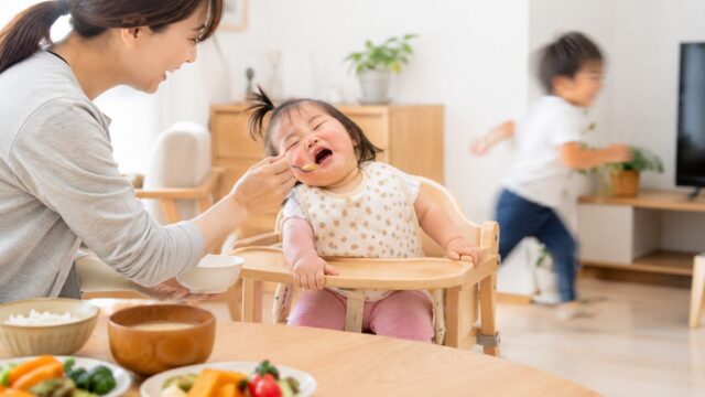 好き嫌いがある赤ちゃんに食べさせる親とご飯を食べずに遊ぶ子ども |平日の食事の風景